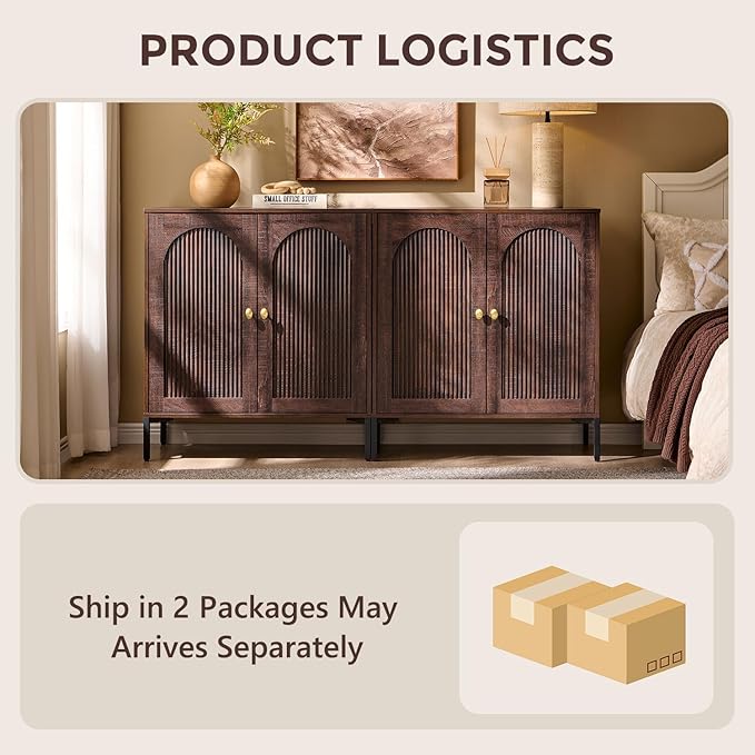 Bathroom Cabinet with Storage, 61.75" W Fluted Arched Free Standing Floor Cabinet w/Adjustable Shelves, Modern Sideboard Cabinet for Bathroom, Kitchen, Living Room, Entryway, Brown