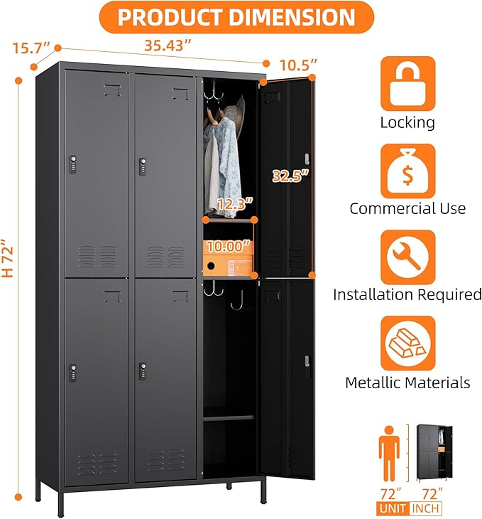 Aobabo Combination Lock Metal Storage Locker for Employees, 6 Doors Lockable Storage Locker with 18 Hooks for Office Gym School, Black, Assembly Required