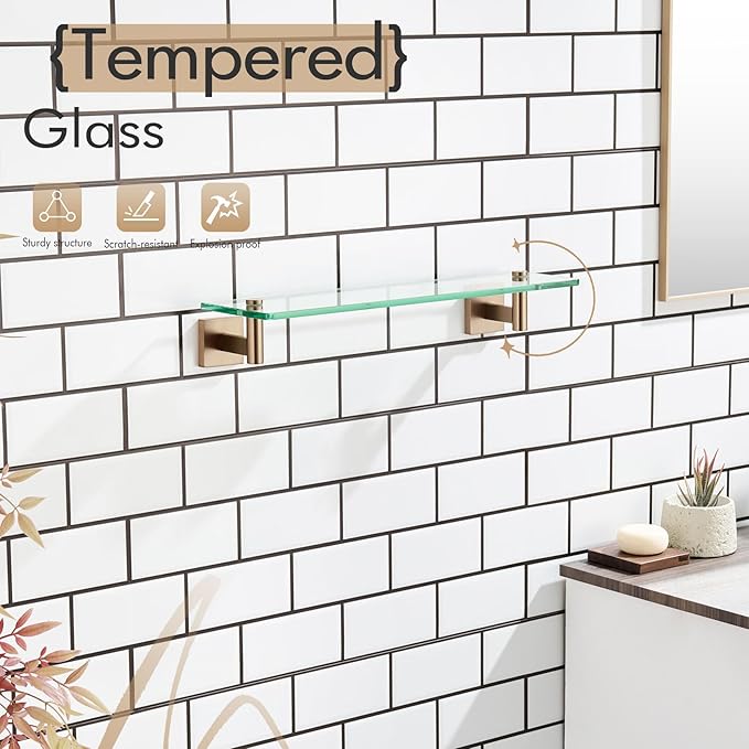 KOKOSIRI Wall Shelves Bathroom Hardware Tempered Glass Floating Shelf Hanging Rack Storage/Room Decor 20-Inch Champagne Bronze 2 Pack B1105CPG-L20-P2
