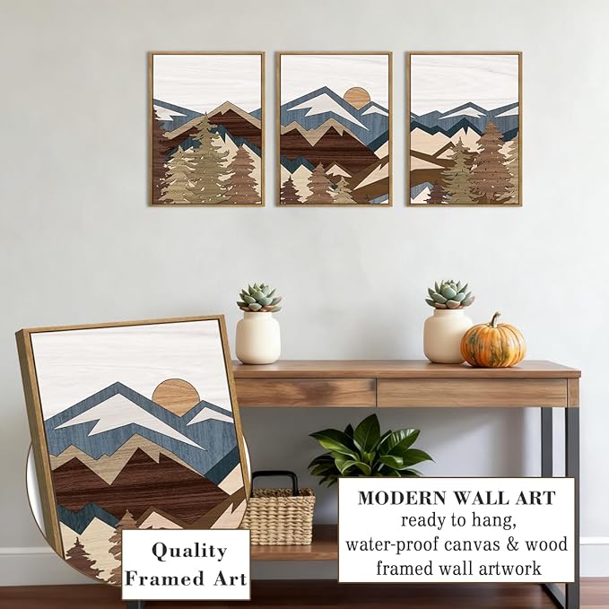 BINCUE Framed Mountain Wall Art Boho Landscape Wall Decor Mountain Artwork for Office Living Room Bedroom 12" Lx16 W Set of 3