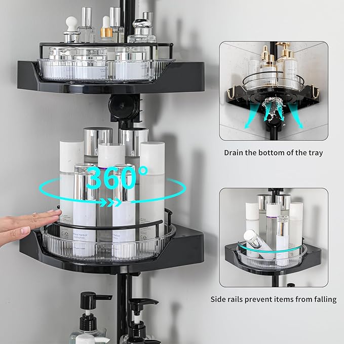 Corner Shower Caddy Tension Pole, 3 Tiers Rotating Shower Organizer for Bathroom Shelf Bathtub, Adjustable Standing Shower Rack Bathroom Accessories, Easily Assemble, 34-124 Inch Height，Black