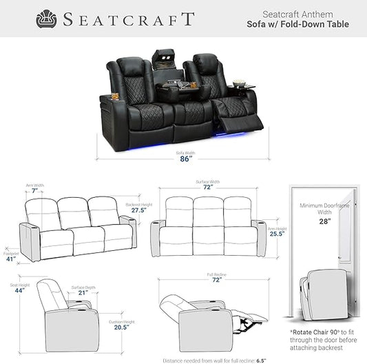 Seatcraft Anthem Italian Leather Sofa w/Fold-Down Table & Loveseat w/Storage Console, Living Room, Power Headrest, Power Recline, Black