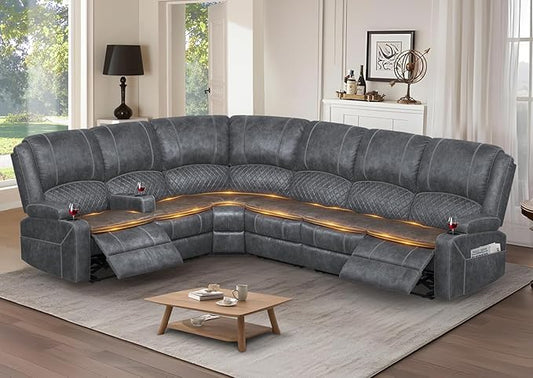 Manual Reclining Sectional Sofa Set, 6 Seats Soft Dutch Velvet Recliner Corner Sectional Couch, Family-Sized L-Shaped Recliner Couch with USB Charging, Thickened Padding, Sturdy Frame, Grey