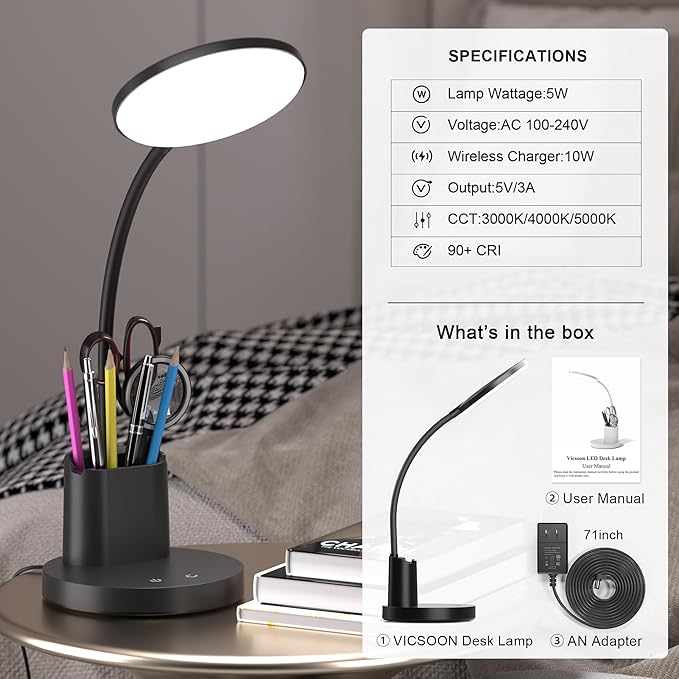 Desk Lamp, LED Desk Lamp for Home Office, Touch Table Lamp with 3 Color Modes 360° Adjustable Arm, Dimmable Desk Light with Pen Phone Holder, Black