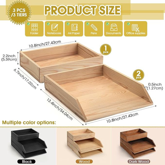 3 Pcs Wooden Letter Trays, Wood Letter-Size Desk Organizer, Heavy Duty 3 Tier Stackable Support Paper Tray Tabletop Inbox Drawer Desktop Organizer for File Folder Magazine Office (Light Brown)