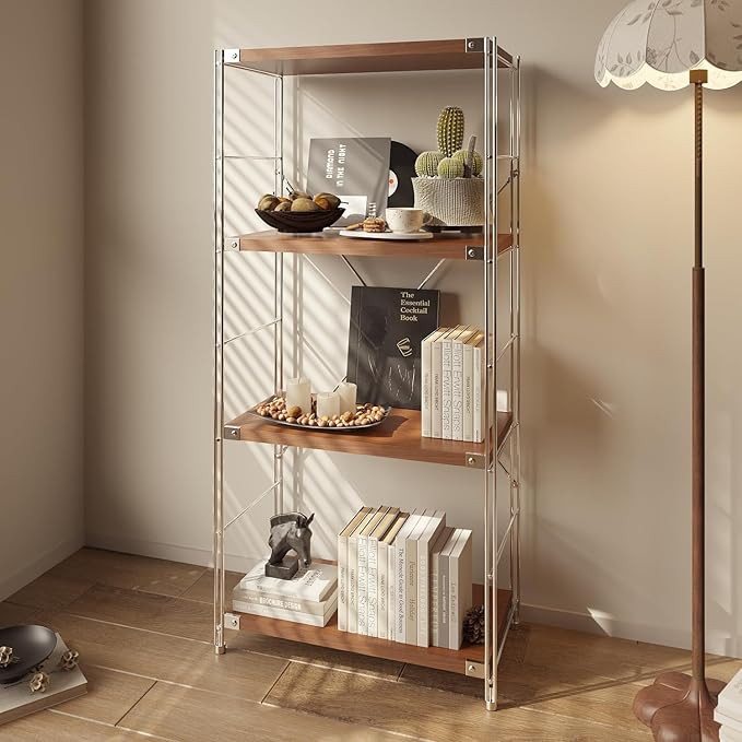 4-Tier Industrial Bookshelf, Storage Bookcase for Living Room, Bedroom, Home Office, and Kitchen, Dark Walnut, 13"x24"x52" Inches