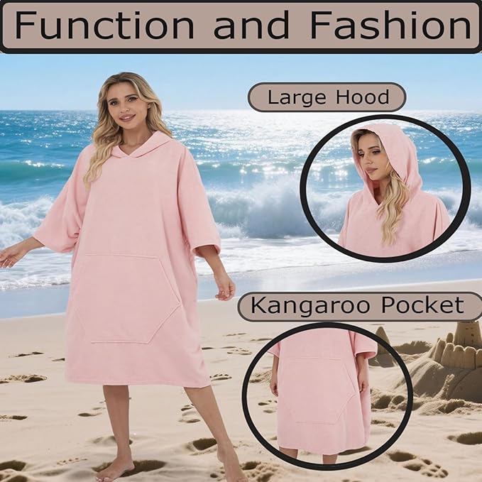 Surf Poncho Hooded Beach Towel, Quick Dry Terry Cloth, Extra Large Changing Robe with Pockets for Adults, Unisex Skin Pink Cover-Up for Swim, Bath, Beach, Gift for Swimmer Lovers