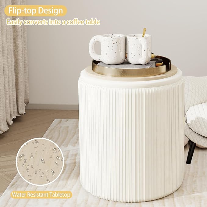 Twira Round Ottoman with Storage Set of 2, Velvet Nesting Ottoman for Living Room,Bedroom,Dorm,RV, Flip-up Lid Coffee Table, Upholstered Makeup Vanity Stool,Multifunctional Foot Rest 330lbs Load Beige
