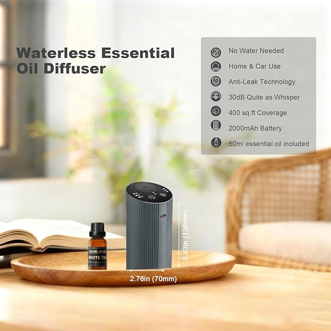 Waterless Essential Oil Diffuser Starter Kit for Home Car Office, Small Scent Diffuser with 60mL Fragrance Oil, Battery Operated, Portable Aromatherapy Diffuser Machine，Silvergrey with Hotel Scent