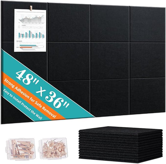 Cork Bulletin Board 48" x 36" - Large Dart Board Wall Protector - 12 Pack Felt Tiles, 60 Removable Safe Adhesive Tabs & 40 Pushpins - for Office, School, Home Decor - Black