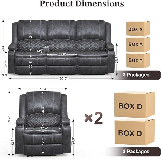 3 Seater Recliner Sofa Set with 2-Tier Cushion, 3+1+1 Pieces in Living Room, 3 Seater Reclining Couch Velvet Fabric with Removable Console, 2 Oversize Recliner Chair Sofa Seat - Grey