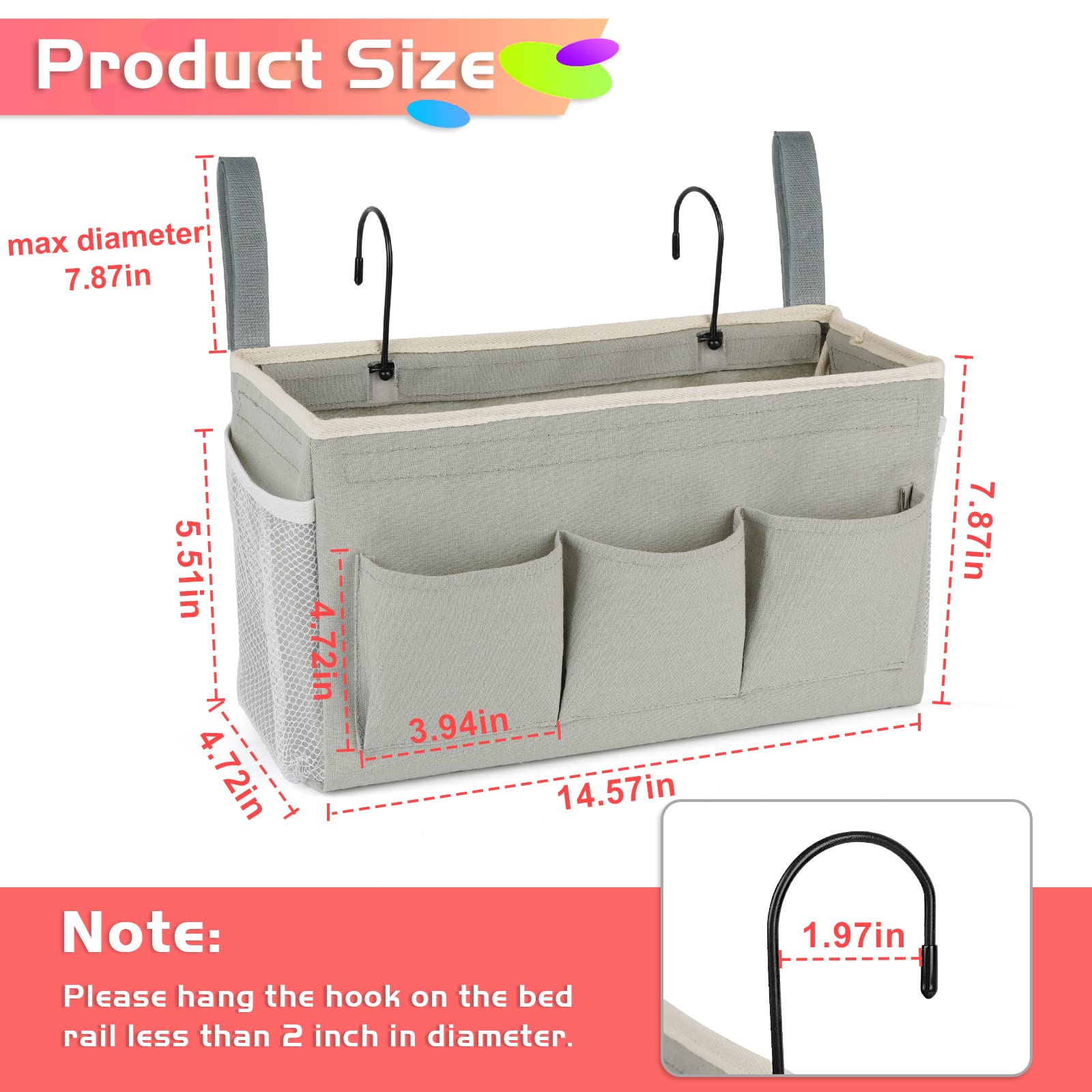 Loghot Bedside Caddy/Bedside Storage Bag Hanging Organizer for Bunk and Hospital Beds,Dorm Rooms Bed Rails,Can be Placed Glasses,Books,Mobile Phones,Keys (Light Pink) Dormly