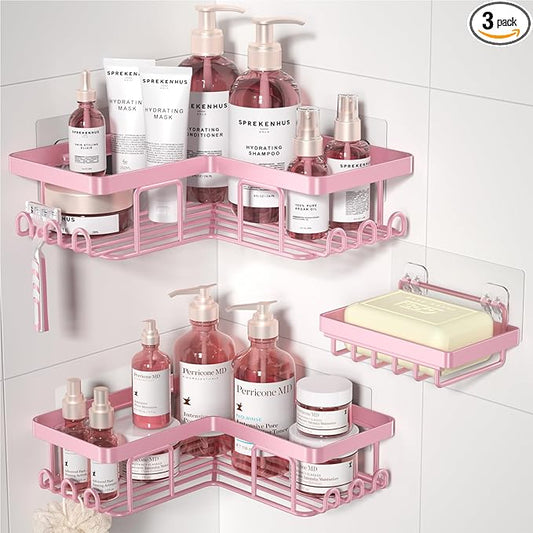YASONIC Corner Adhesive Shower Caddy, with Soap Holder and 12 Hooks, Rustproof Stainless Steel Bathroom Organizer, No Drilling Wall Mounted Rack, Pink, 3-Pack