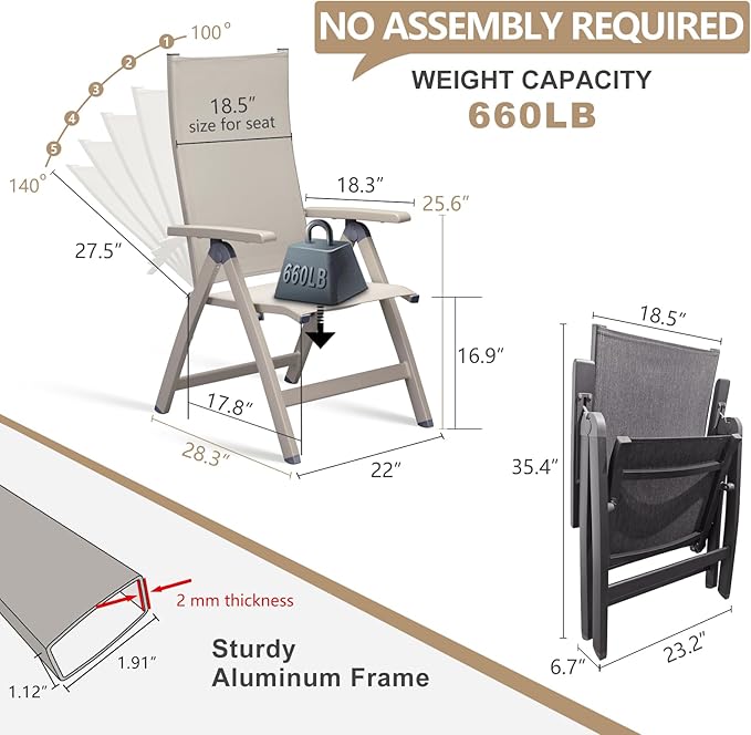 Adjustable Folding Chair, Indoor Bedroom, Outdoor Balcony, Patio, Courtyard Swimming Pool, Porch, for Comfortable Foldable Lounge Chair, Portable Cozy Recliner, Metal Frame