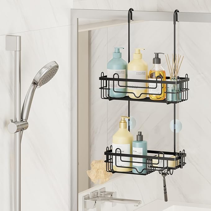 Consumest Over the Door Shower Caddy - 2-Tier Hanging Shower Organizer with Soap Holder, Rustproof Bathroom Storage and Organizer Rack for Shampoo, Towels, and Toiletries, Black