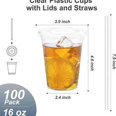 100 Pack - 16 oz Clear Plastic Cups with Lids and Straws, Sturdy & Food Safe Iced Coffee Cups with lids, Disposable Plastic Smoothie Cups for Cold Drinks
