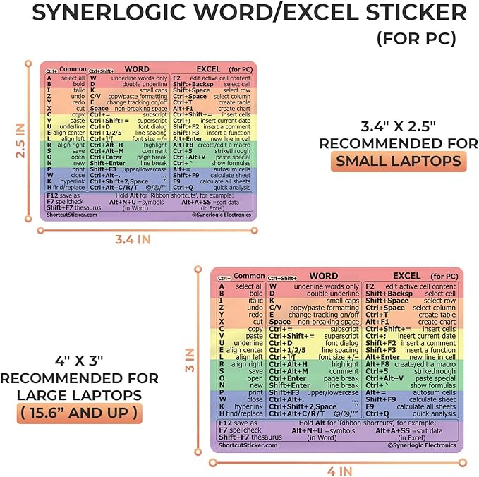 Synerlogic (5pcs) Word/Excel Windows Shortcut Sticker | Reference Guide Keyboard Shortcuts | Work from Home Essentials | Excel Shortcuts Cheat Sheet Laminated Vinyl (Rainbow/Small/5)