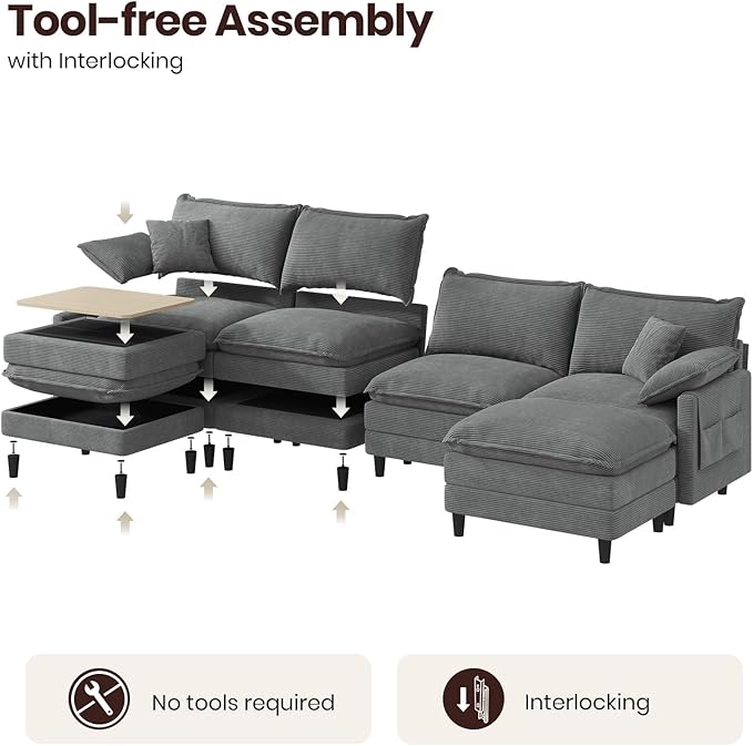 143" U Shaped Modular Sectional Cloud Couch with Two Ottoman