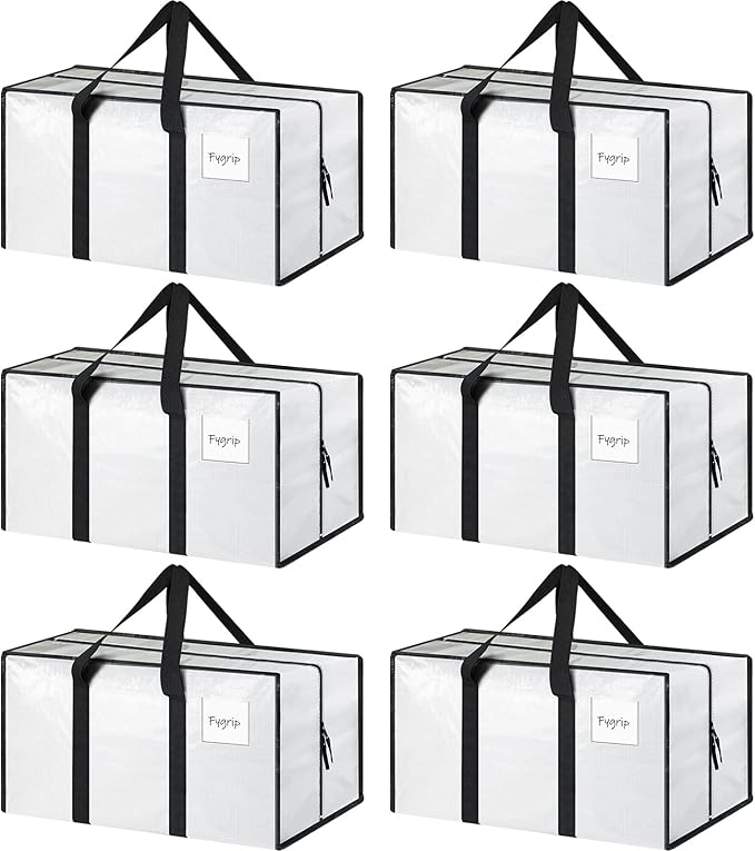 6 Pack Extra Heavy Duty Large Moving Bags with Strong Zipper & Comfortable Handles, Sturdy & Durable Clothes Storage Bags Totes Bins, Packing Moving Boxes for College Supplies, White