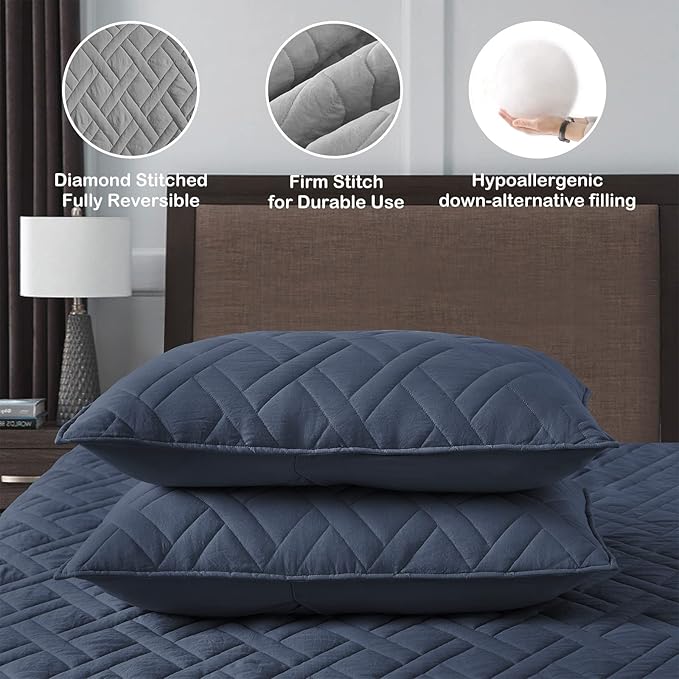 HORIMOTE HOME Quilt Set Queen Size Navy Blue, Classic Geometric Diamond Stitched Pattern, Ultra Soft Microfiber Lightweight Bedding Bedspread Coverlet for All Season with 1 Quilt 2 Pillow Shams