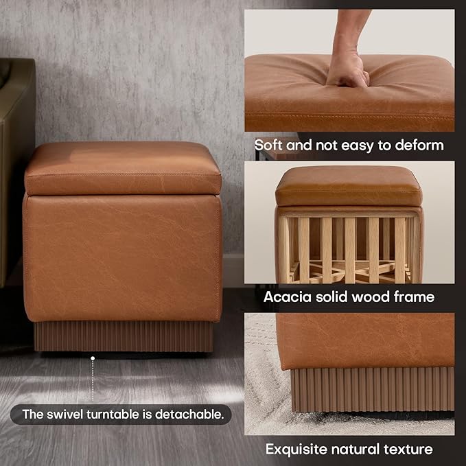 Square Ottoman with Storage,Swivel Vanity Stool-Faux Leather Foot Rest,Upholstered Footstool Pouf with Sturdy Acacia Wood Frame(500lbs),Small Coffee Table & Hidden Storage for Living Room