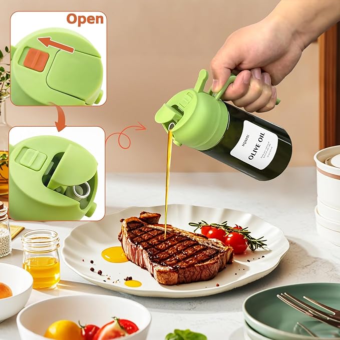 Oil Sprayer for Cooking, 2 in 1 Olive Oil Dispenser Bottle for Kitchen, 16oz/470ml Premium Glass, Food-grade Oil Mister for Air Fryer, Salad, Frying, BBQ (Black + Dark Green Bottle)