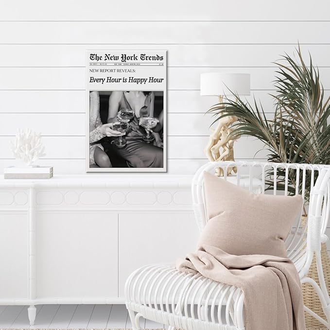 Retro New York Trends Wall Art Black and White Newspaper Poster Every Hour Is Happy Hour Canvas Prints Funky Feminist Posters Trendy Alcohol Wall Decor for Bar Cart Hot Girl Dorm Room Decorative 12x16inch Framed