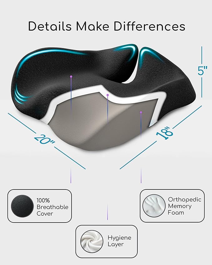 Extra Large Office Chair Cushion for Sciatica Pain Relief, Memory Foam Seat Cushion for Car Seat Pad, Orthopedic Pillow. Computer Chair Cushion for Tailbone Pain Relief All Day Comfort(Gray)