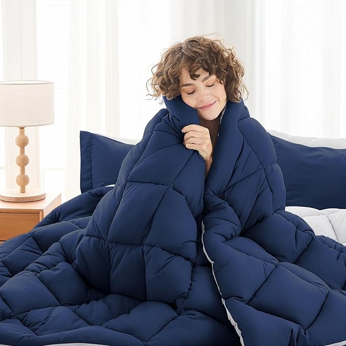 MUXHOMO 5 Pieces Twin Comforter Set, Reversible Bed in a Bag Twin Size, All Season Bedding Set with Comforter, Flat Sheet, Fitted Sheet, Pillowcases & Shams, Navy & Light Grey