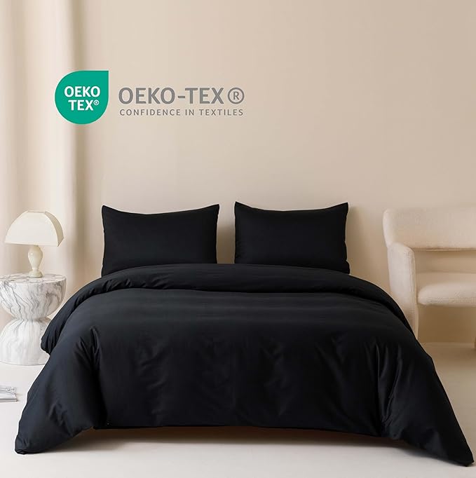 HeimenAogo Egyptian Cotton Duvet Cover Queen Size Sateen Weave, Silky Soft and Breathable Bedding Set with Zipper Closure, Long Staple Cotton Bed Linen Pure Black 3Pcs (90"×90")