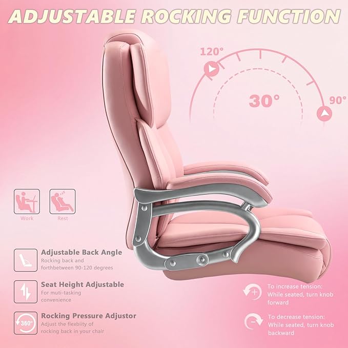 Big and Tall Office Chair,500lbs Capacity Heavy Duty Office Chair for Heavy People, High Back Executive Computer Chair with Adjustable Lumbar Support, Quiet Rubber Wheel (Pink)
