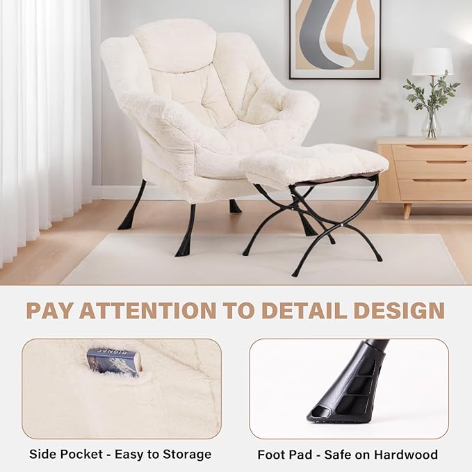 Tiita Lazy Chair with Ottoman, Modern Large Accent Lounge Armchair, Comfy Leisure Sofa Reading Chair with Footrest for Bedroom, Living Room, Dorm Rooms, Garden and Courtyard, Plush Beige