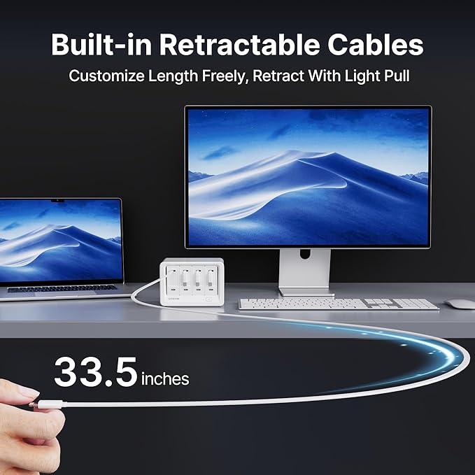 Gitryin 12-in-1 Desktop Charging Station with 3 Retractable Type-C Chargers and 1 Lightning Charger, 40W USB-C Power Strip with 33.5in Cable, Extension Cord with 1020J Surge Protection for Home Office