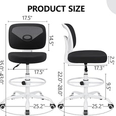 Primy Armless Mid-Back Ergonomic Standing Desk Chair - Mesh Rolling Tall Chair, Adjustable Height and Footring, Art Room, Office or Home (White)