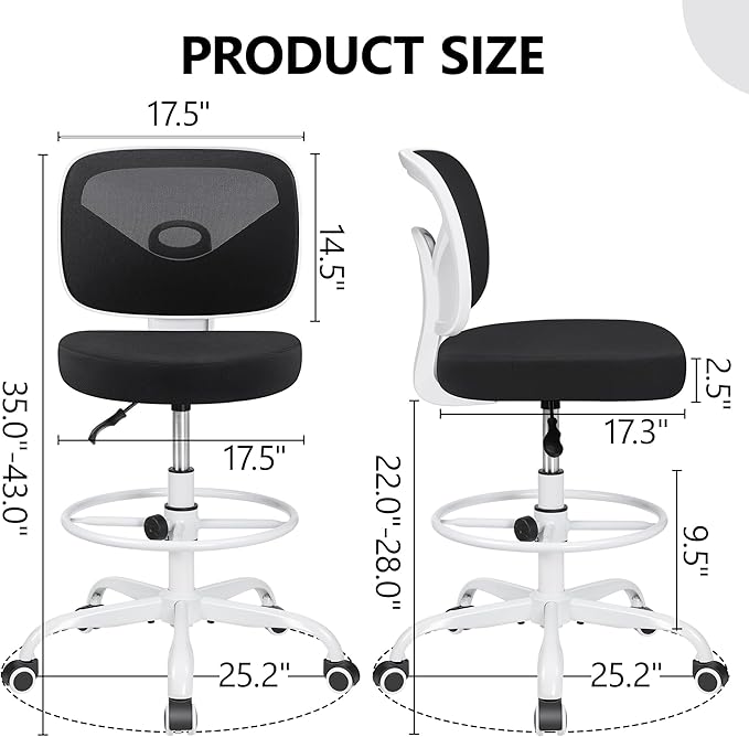 Primy Armless Mid-Back Ergonomic Standing Desk Chair - Mesh Rolling Tall Chair, Adjustable Height and Footring, Art Room, Office or Home (White)