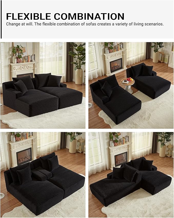80 Inch Double Chaise Lounge Chair Indoor, Oversized Sectional Corduroy Upholstered Boneless Sofa Bed, Deep Seat Sleeper Loveseat Reading Chairs, Cloud Sofas Couches, No Assembly Required (Black)