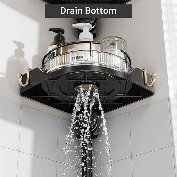Shower Caddy Tension Pole with 4 L-Lazy Susan Organizer 360 Rotating 35-128 Inch No Drilling Floor Standing Shelves Adjustable Shower Rack for Bathroom Corner (Black)