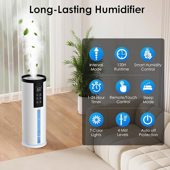 Humidifiers for Large Room 550 ft² - GloryAir 8L Cool Mist Humidifier for Bedroom Home Plants Baby, Top Fill, 120H Runtime, 4 Mist Spray Levels, 7-Color Light, 35dB Quiet Humidifier