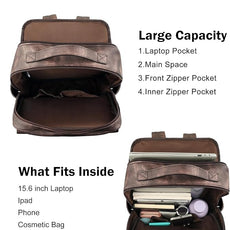 MASINTOR 15.6 inch PU Leather Laptop Backpack Purse for Women, Large College Casual Backpack Travel Bag Retro Coffee