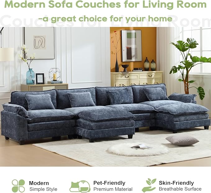 154" Modular Sectional Sofa, Comfy Cloud Couch Sectional Sofa with Ottoman, Chenille Sofa Sleeper Deep Seat Sofa with Throw Pillows for Living Room (Blue, 154"- U Shape)