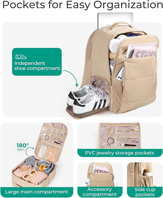 BAGSMART 30L Travel Backpack for Women, Carry on Backpack for Airplanes, Gym Backpack with Shoe Compartment, Lightweight Travel Bag Fits 15.6 Inch, Water-Resistant, Grey