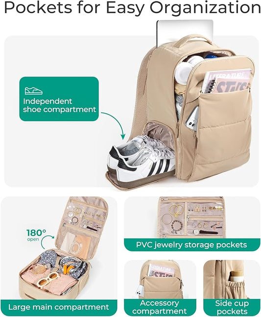 BAGSMART 30L Travel Backpack for Women, Carry on Backpack for Airplanes, Gym Backpack with Shoe Compartment, Lightweight Travel Bag Fits 15.6 Inch, Water-Resistant, Grey