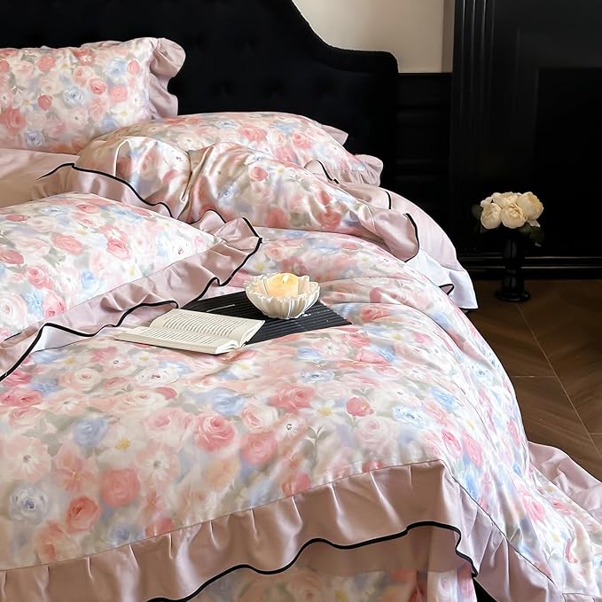 HighBuy Ruffle Duvet Cover Set Twin Pink 100% Brushed Cotton Bedding 3pcs Set,Chic Cottagecore Soft Breathable Vintage Boho Bedding Set,1 Duvet Cover and 2 Pillowcases
