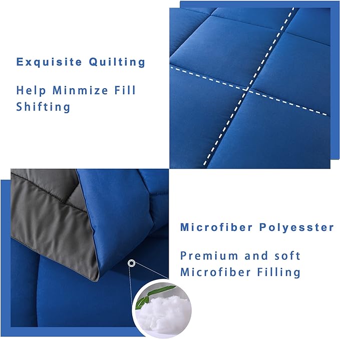 DOWNCOOL King Size Comforter Set -All Season Bedding Comforters Sets with 2 Pillow Cases -3 Pieces Bed Set Down Alternative King Bedding Set -Blue/Grey King Comforter Set(102"x90")