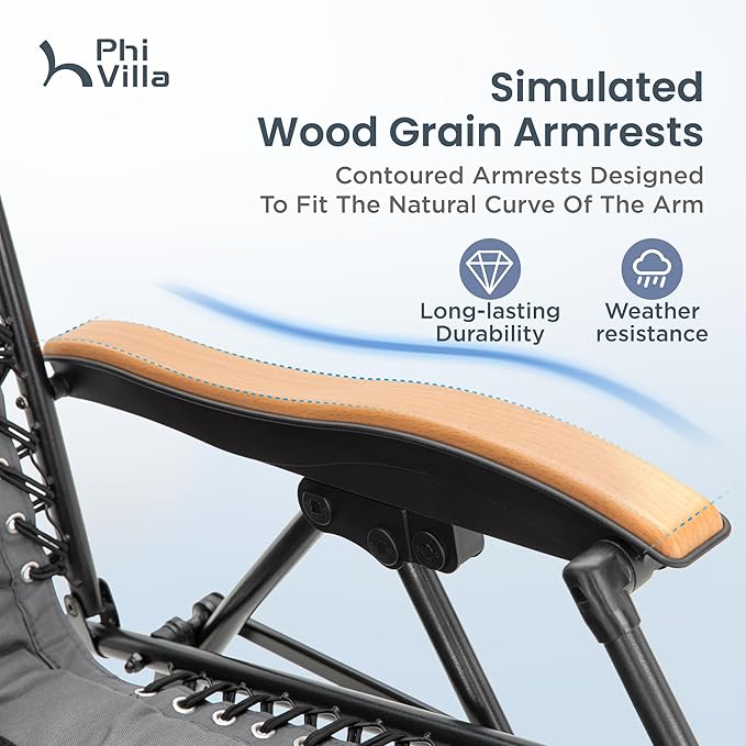 PHI VILLA XXL Oversized Padded Zero Gravity Chair Set of 2, Foldable Patio Recliner, 30" Wide Seat Anti Gravity Lounger with Armrest and Cup Holder, Support 400 LBS (Grey)