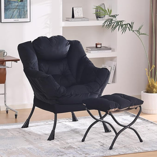 Lazy Chair with Folding Ottoman, Modern Accent Lounge Armchair with Armrests, a Side Pocket & Foldable Footstool, Leisure Reading Chair for Living Room, Bedroom, Dorm & Office, Velvet Black