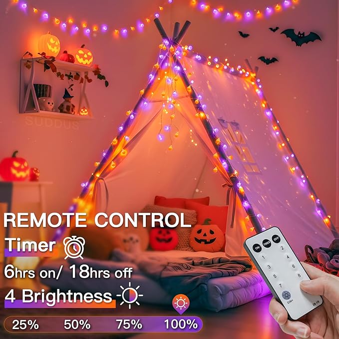 suddus Halloween Lights Indoor with Remote, 33ft 100 Led Purple and Orange Globe String Lights, Fairy Lights Plug in with 8 Lighting Modes for Bedroom, Home, Office, Halloween Decorations