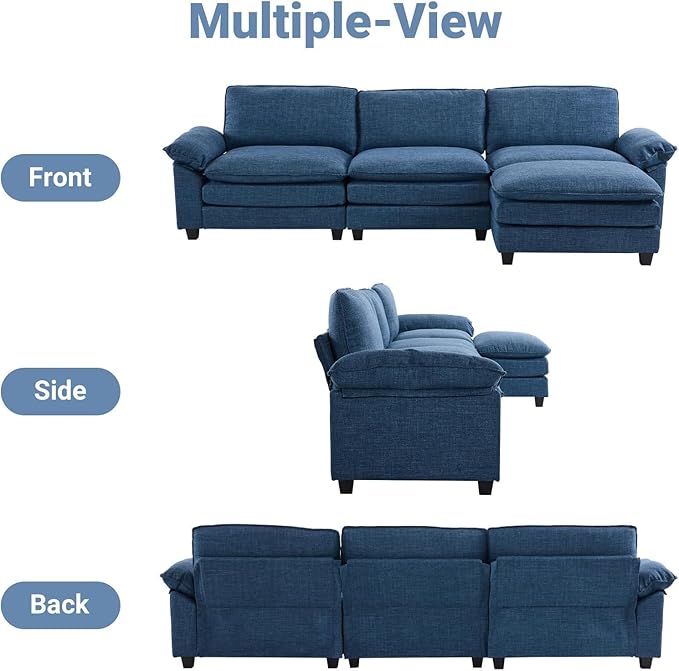 VINGLI 121" Cloud Linen Couch, Comfy Modular Sectional Sofa Set for Living Room,Modern 3-Seat Convertible Loveseat Sofa with 1 Ottoman for Small Space, Blue