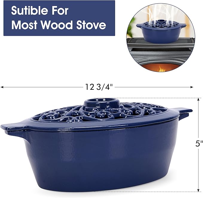 INNO STAGE Wood Stove Steamer, Cast Iron Humidifier for Stove, Home Indoor Decorative, Blue Finish, Rust Resistant, Lattice Top, 2.5 Quart Capacity, Patented