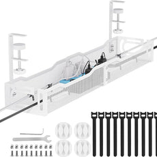 Cable Management, 25'' Cable Management Under Desk No Drill, Metal Cord Organizer with Clamp for Standing Desk, Cable Organizer for Home Office, White